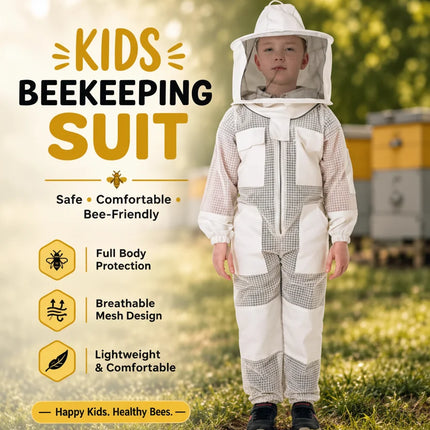 A child wearing a kids beekeeping suit with a white veil stands outdoors on grass in front of beehives. The image includes promotional text on the left highlighting features like full body protection, breathable mesh design, and lightweight comfort.