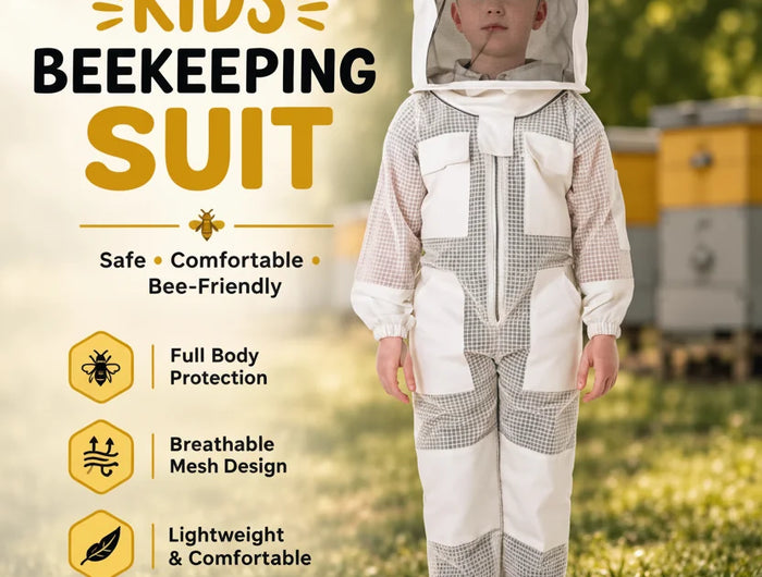 A child wearing a kids beekeeping suit with a white veil stands outdoors on grass in front of beehives. The image includes promotional text on the left highlighting features like full body protection, breathable mesh design, and lightweight comfort.